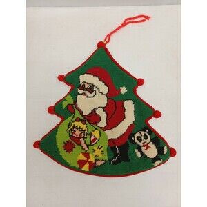 Vintage Needlepoint Christmas Tree Santa  Hang Door Wall Completed Pom Pom